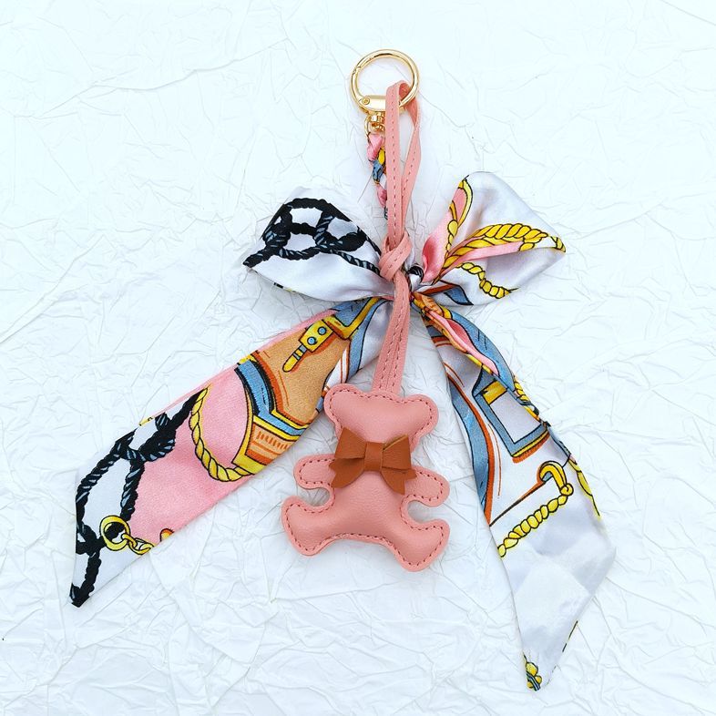 Bear Charm Twilly Scarf Tassel Keychain - Pink