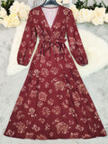 Ditsy Floral V Neck Tie Waist Maxi Dress - Red