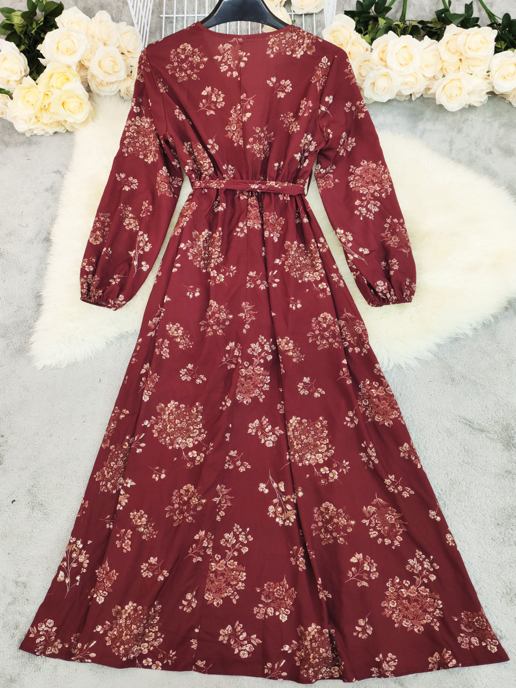 Ditsy Floral V Neck Tie Waist Maxi Dress - Red - 1