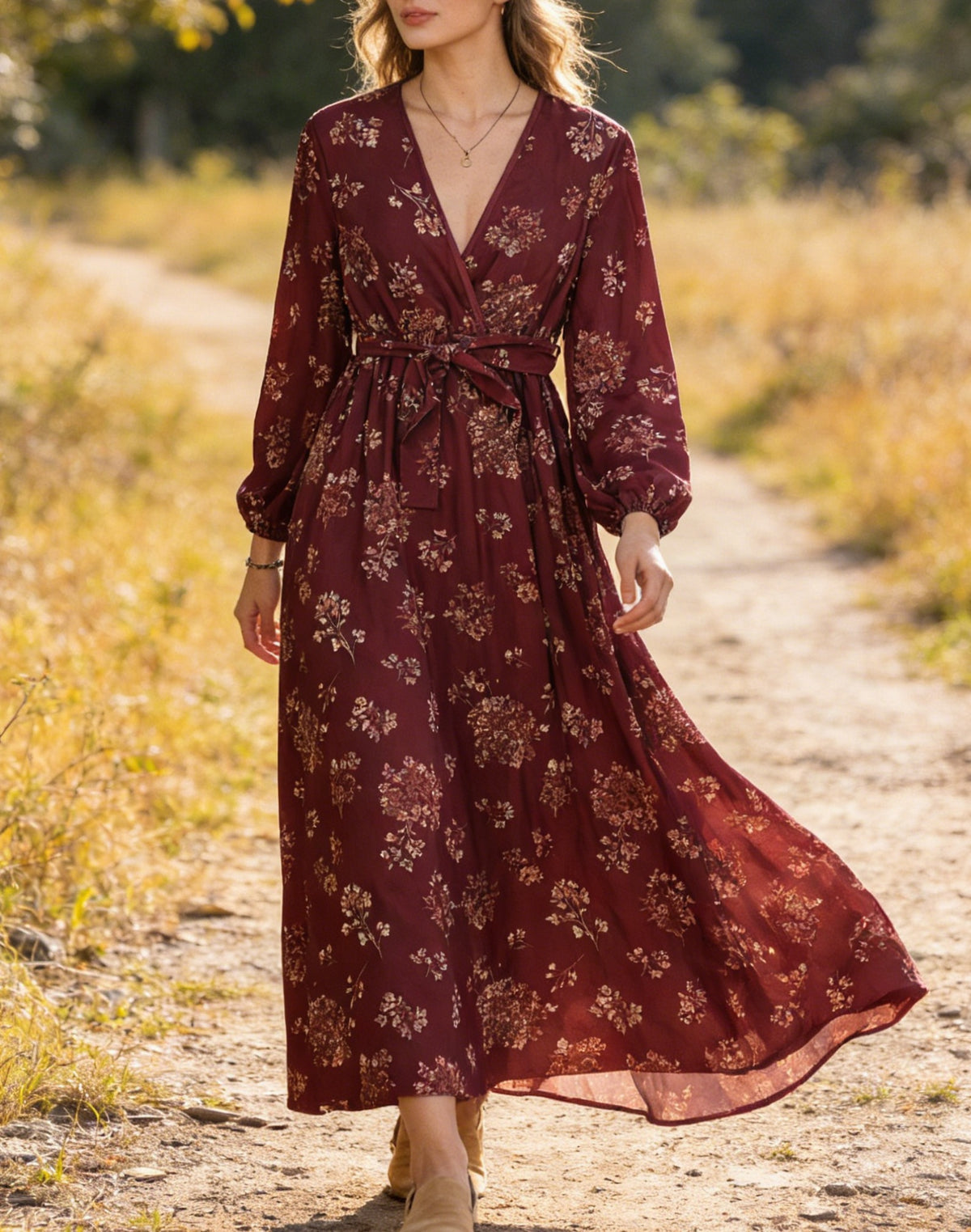 Ditsy Floral V Neck Tie Waist Maxi Dress
