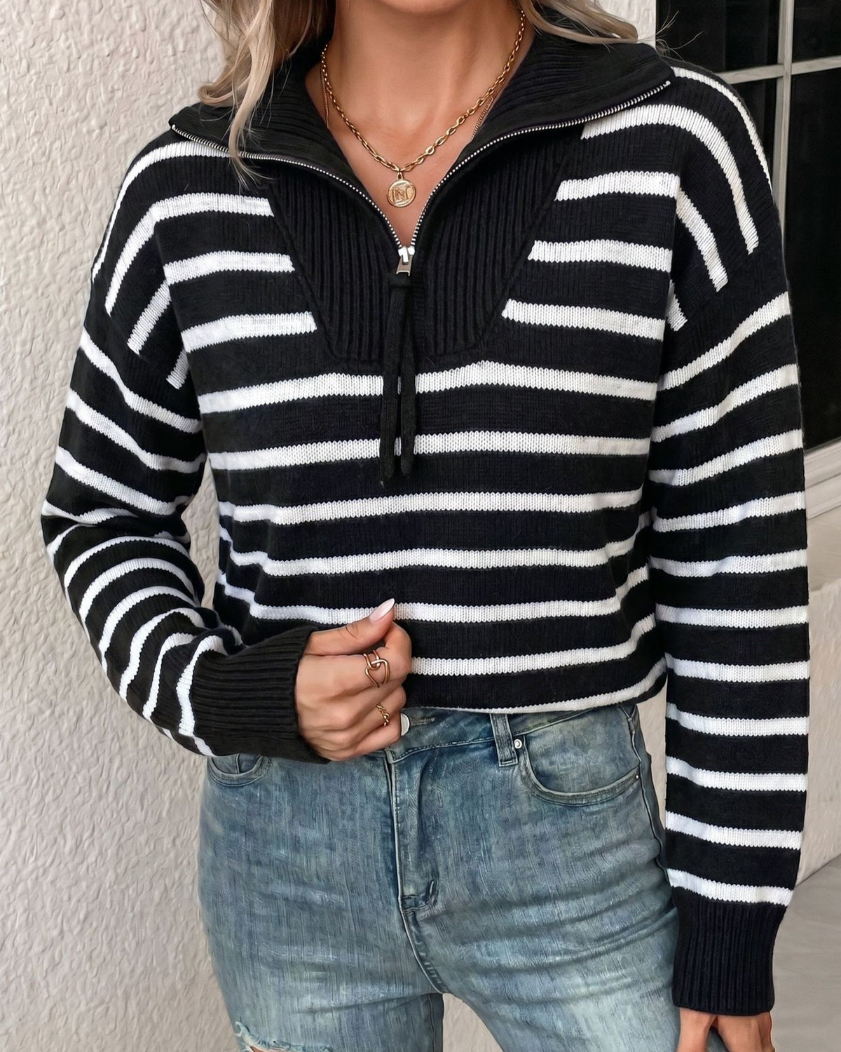 Breton Stripe Half Zip Knit Sweater - Black