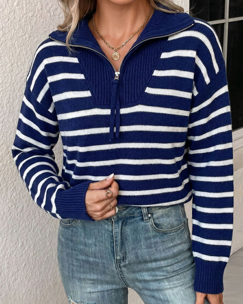 Breton Stripe Half Zip Knit Sweater - Blue