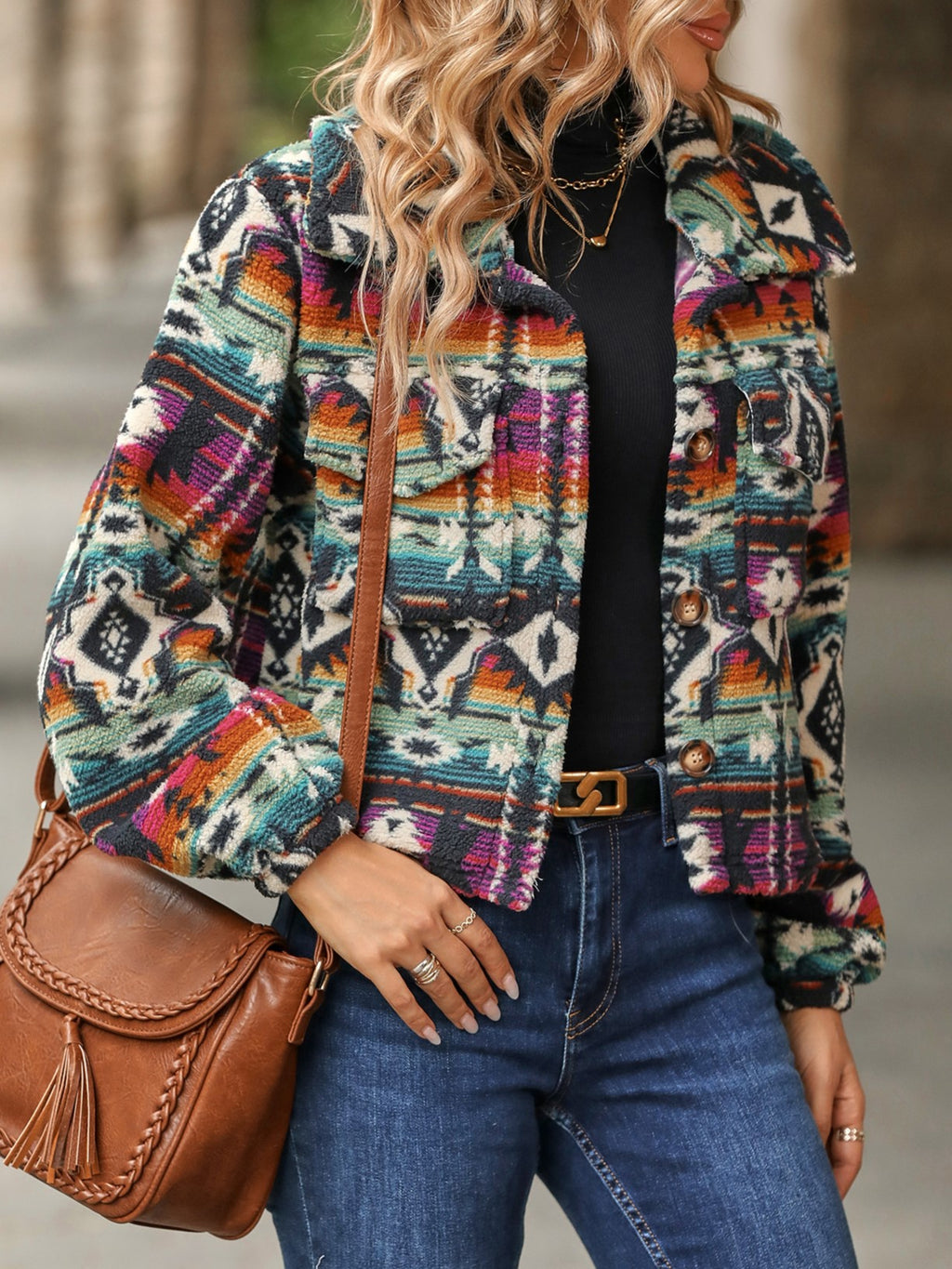 Aztec Print Fleece Cropped Button Jacket - Orange