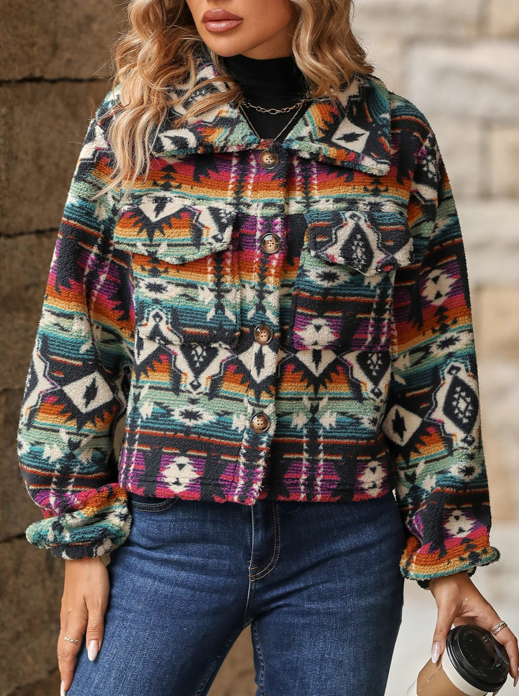 Aztec Print Fleece Cropped Button Jacket - Orange - 1