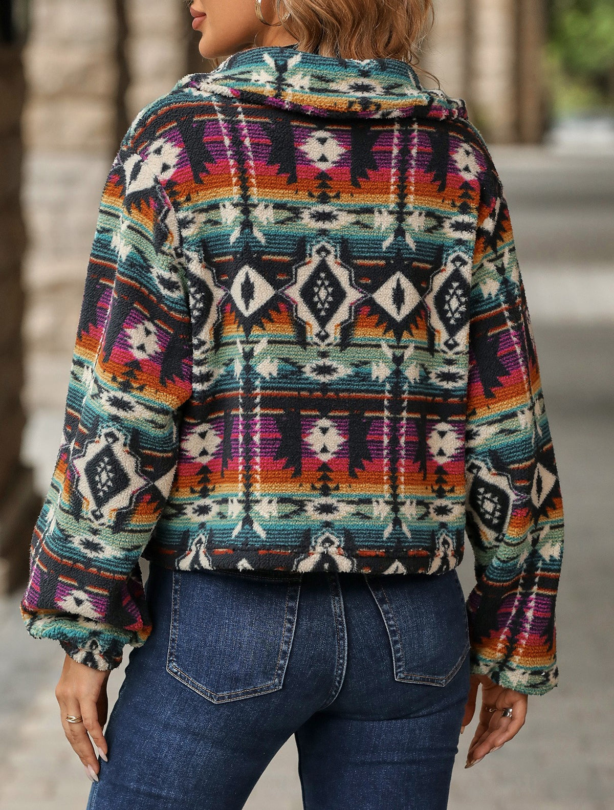 Aztec Print Fleece Cropped Button Jacket - Orange - 2