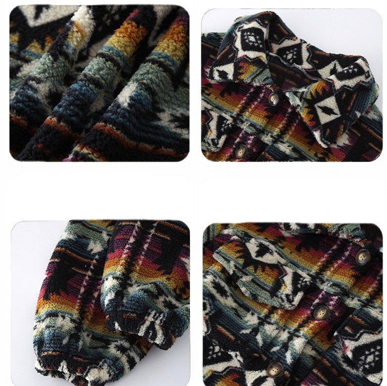 Aztec Print Fleece Cropped Button Jacket - Orange - 3