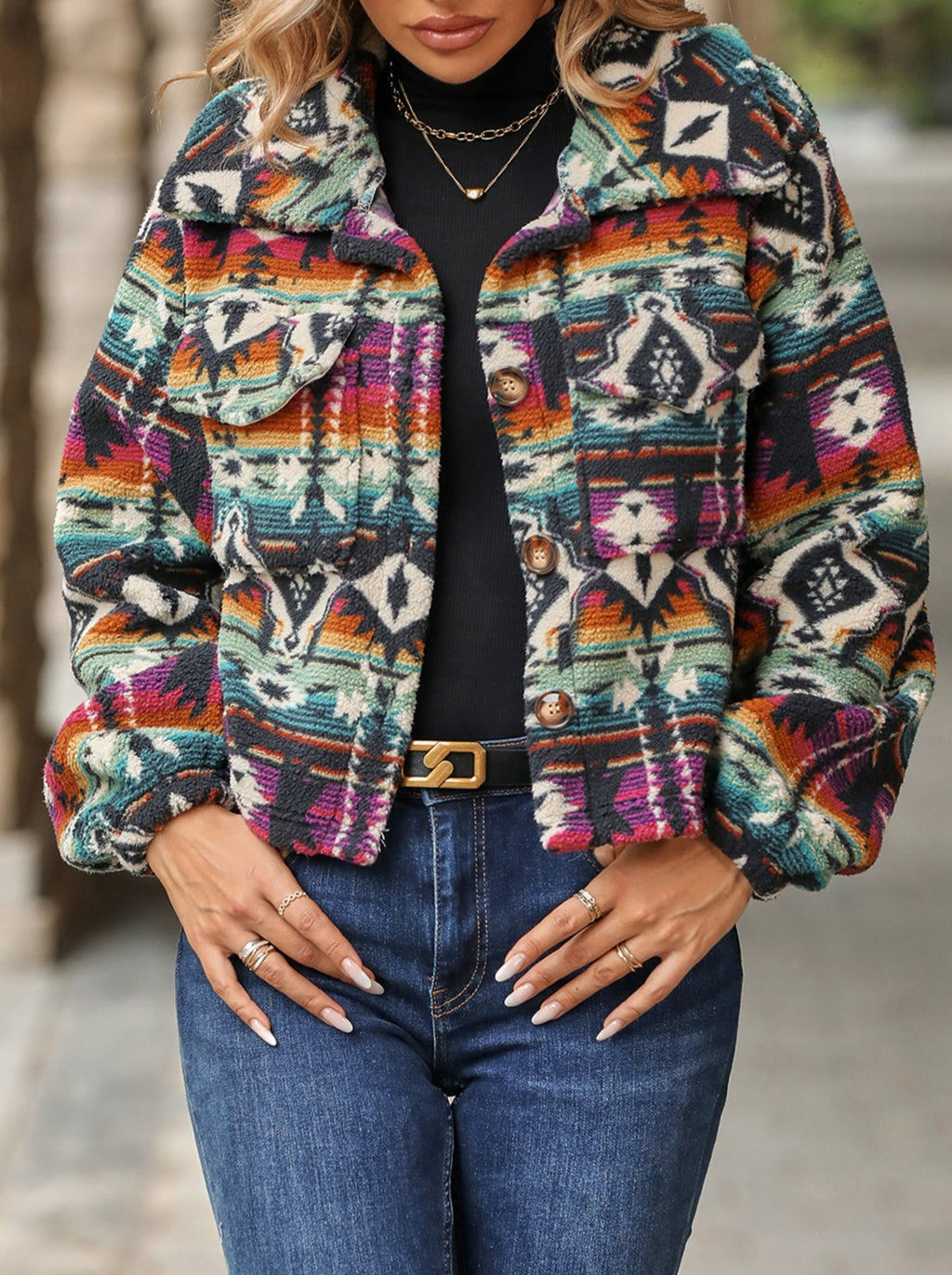 Aztec Print Fleece Cropped Button Jacket - Orange - 4