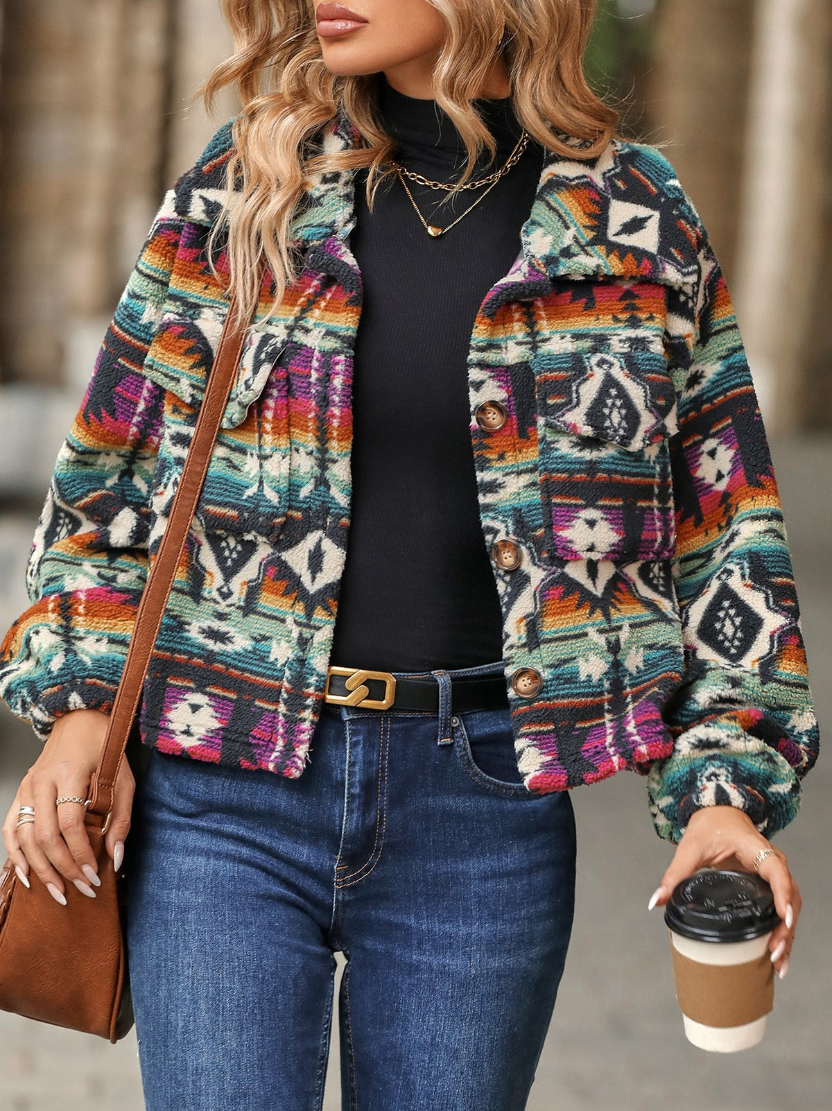 Aztec Print Fleece Cropped Button Jacket - view 1