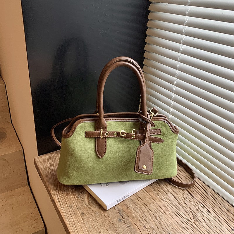 Faux Suede Bowling Bag with Belt and Tag Detail - Matcha