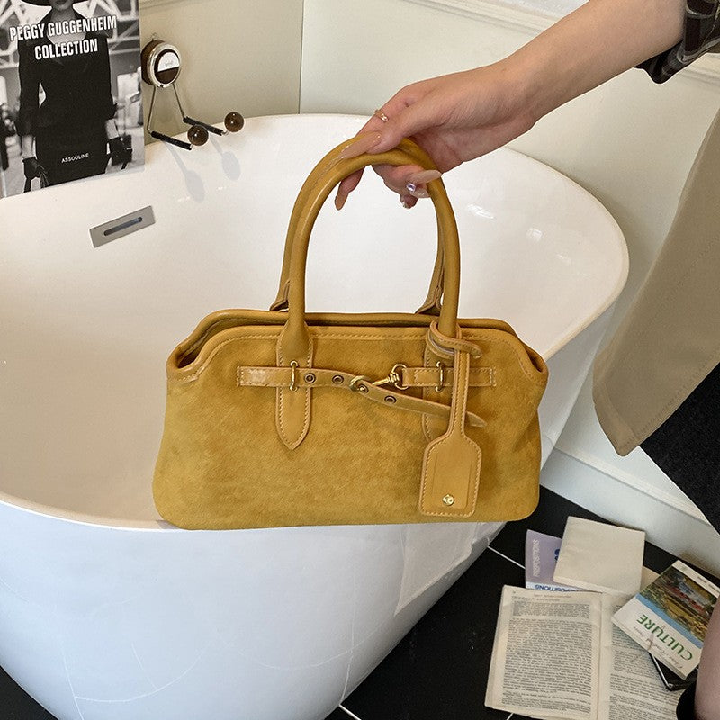 Faux Suede Bowling Bag with Belt and Tag Detail - Mustard