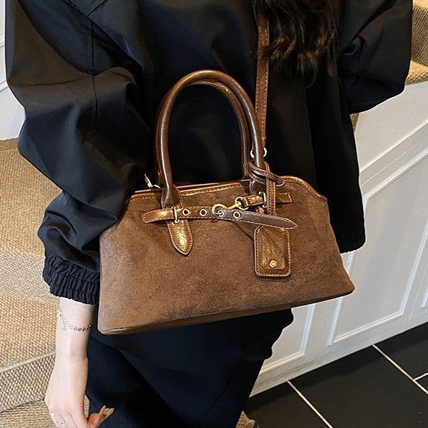 Faux Suede Bowling Bag with Belt and Tag Detail