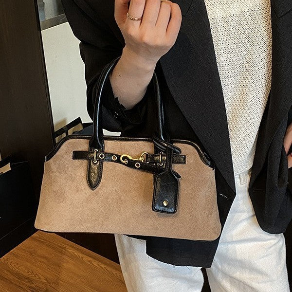 Faux Suede Bowling Bag with Belt and Tag Detail
