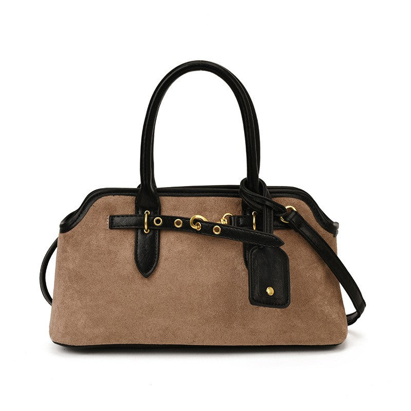 Faux Suede Bowling Bag with Belt and Tag Detail