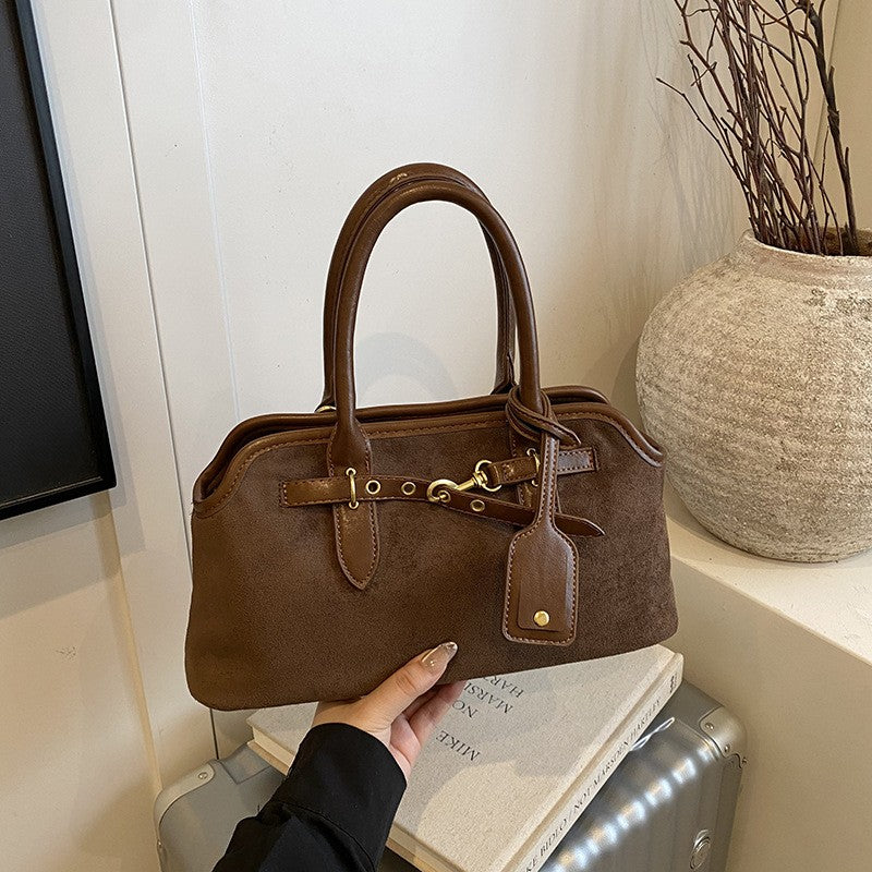Faux Suede Bowling Bag with Belt and Tag Detail
