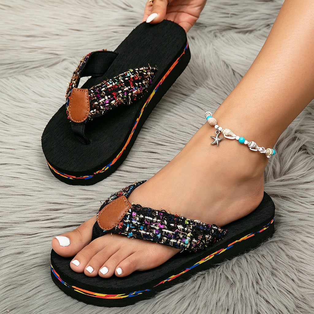 Wedge Thong Sandals With Woven Straps - Black