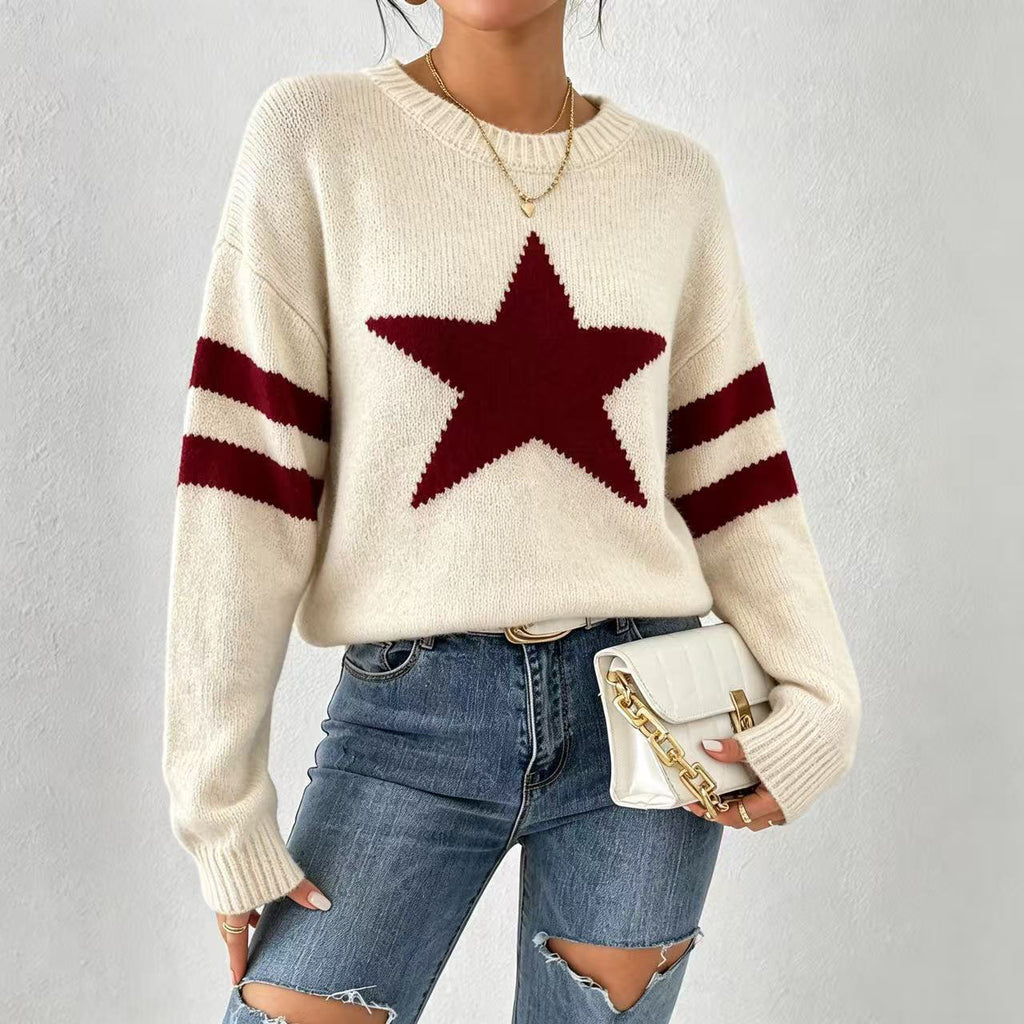 Oversized Star Motif Varsity Stripe Sweater - Beige