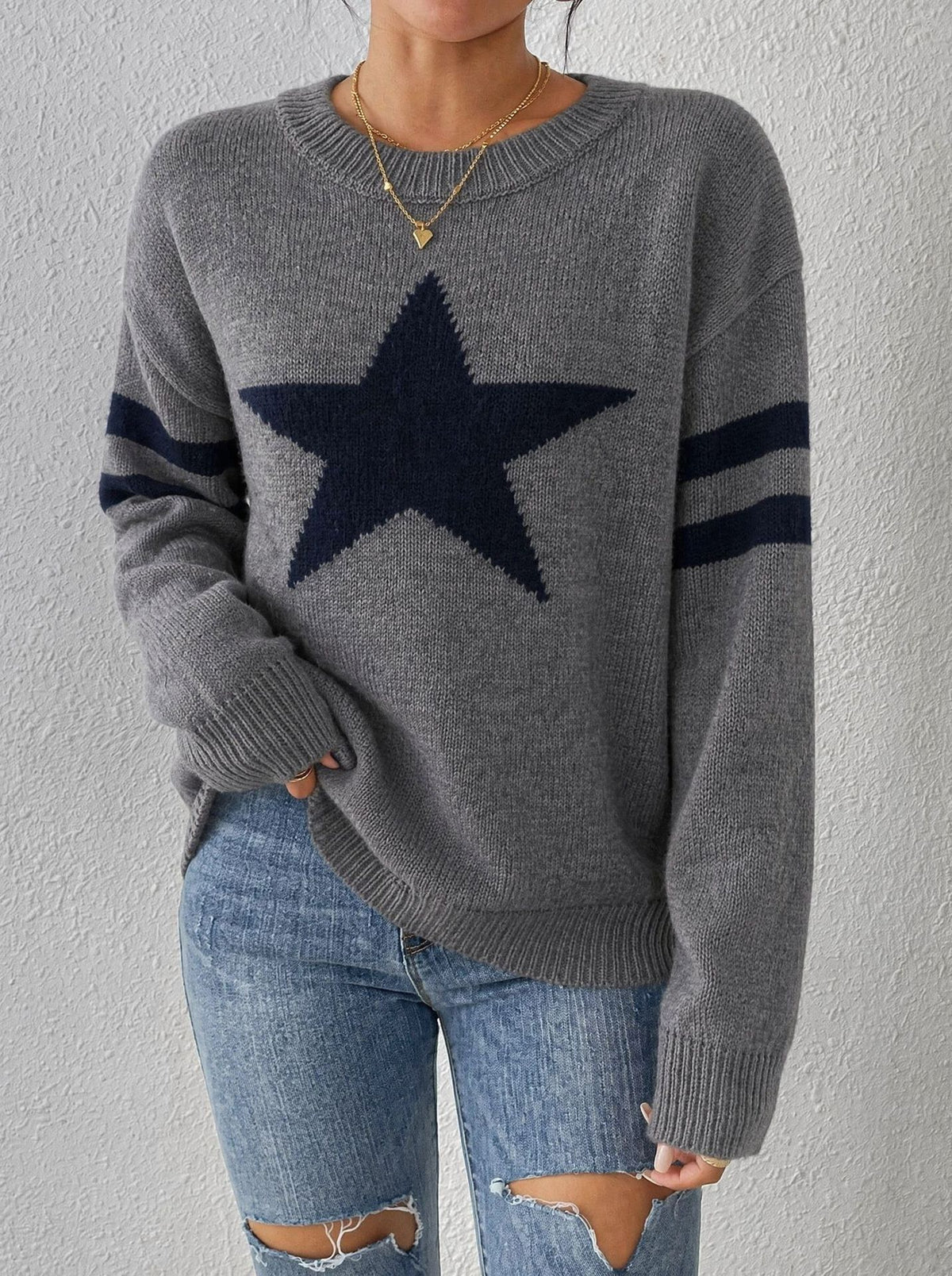 Oversized Star Motif Varsity Stripe Sweater - Grey - 1