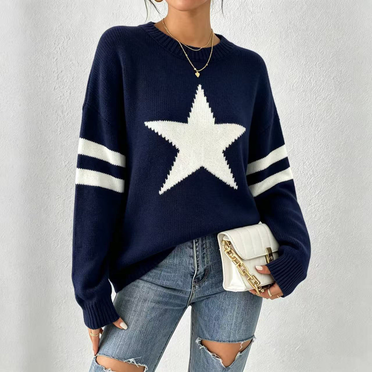 Oversized Star Motif Varsity Stripe Sweater - Navy