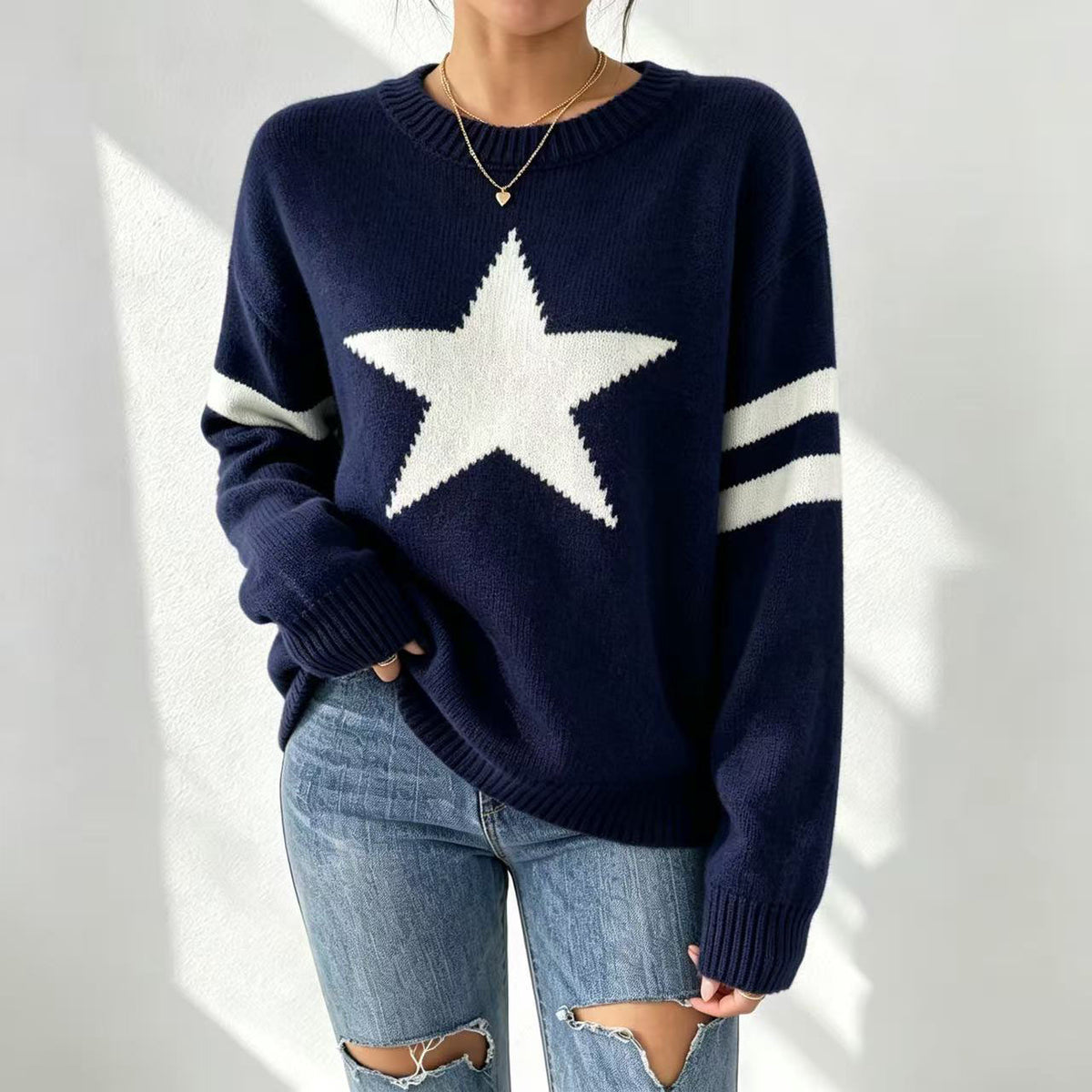 Oversized Star Motif Varsity Stripe Sweater - Navy - 1