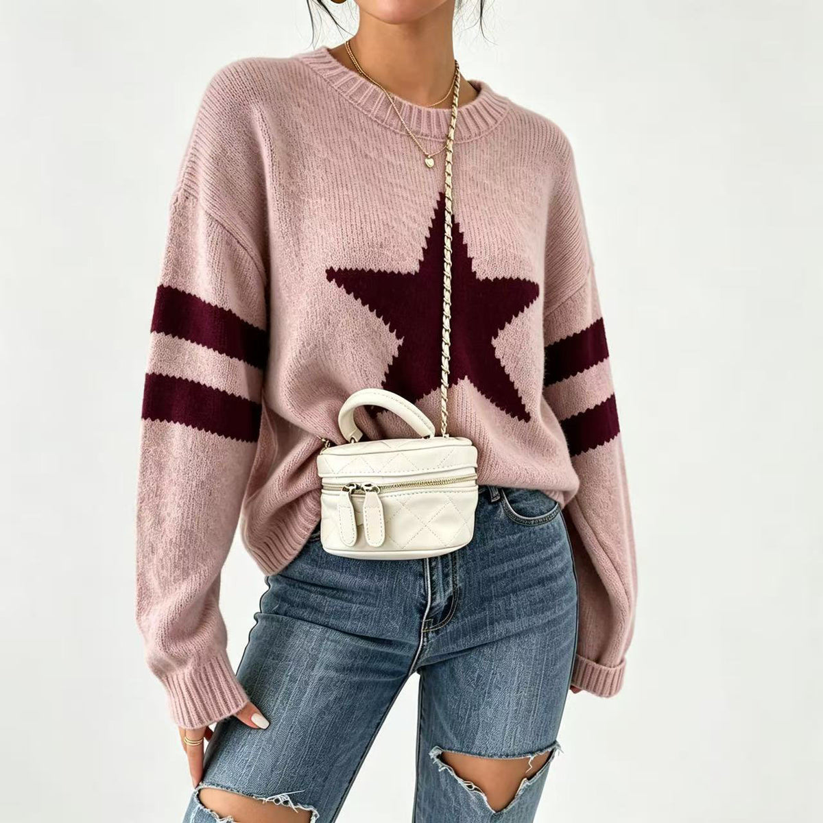 Oversized Star Motif Varsity Stripe Sweater - Pink - 1