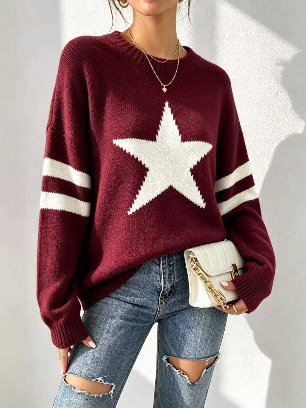 Oversized Star Motif Varsity Stripe Sweater - Red - 1