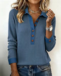 Ribbed Knit Collared Button Placket Top - Grey-Blue