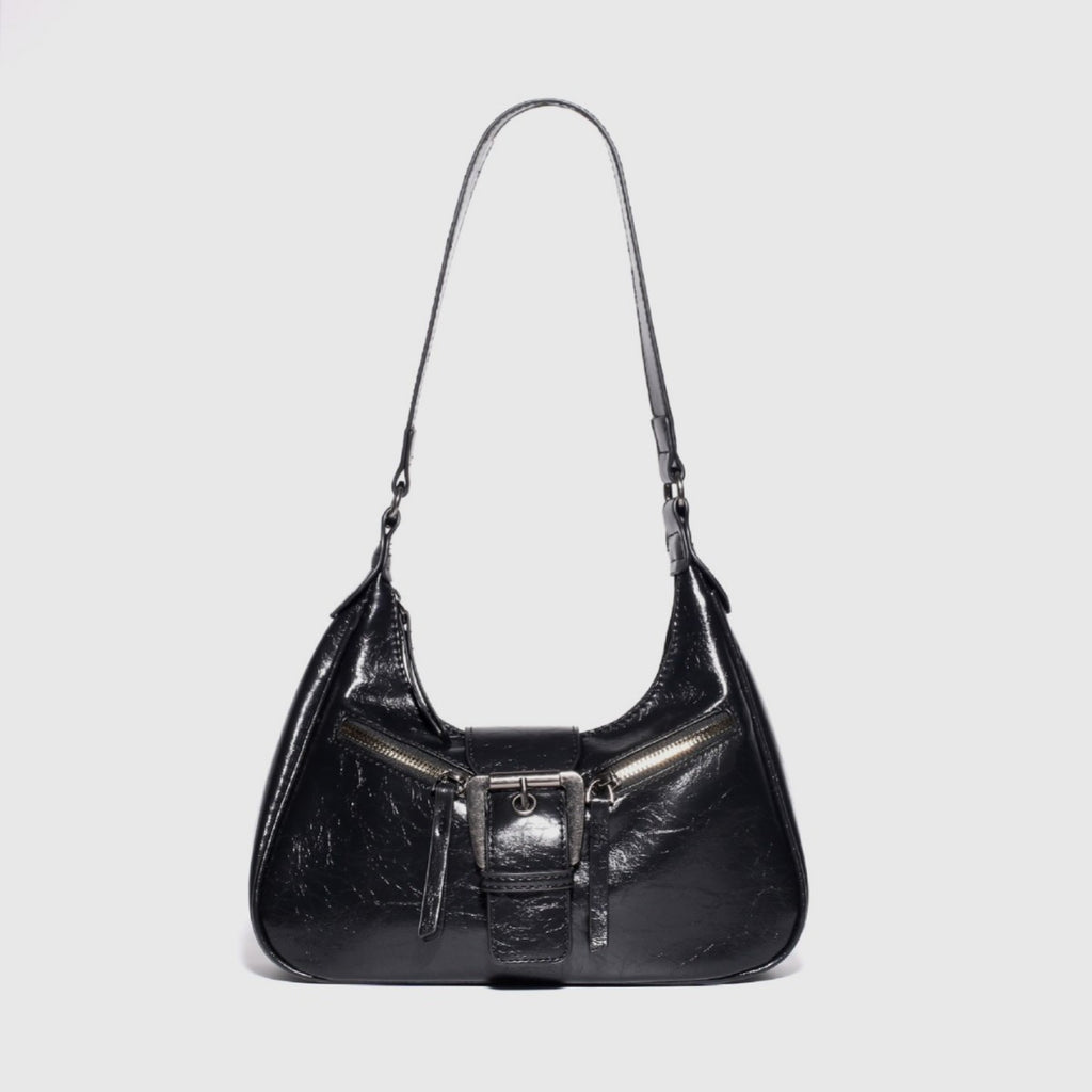 Distressed Faux Leather Crescent Shoulder Bag - Black