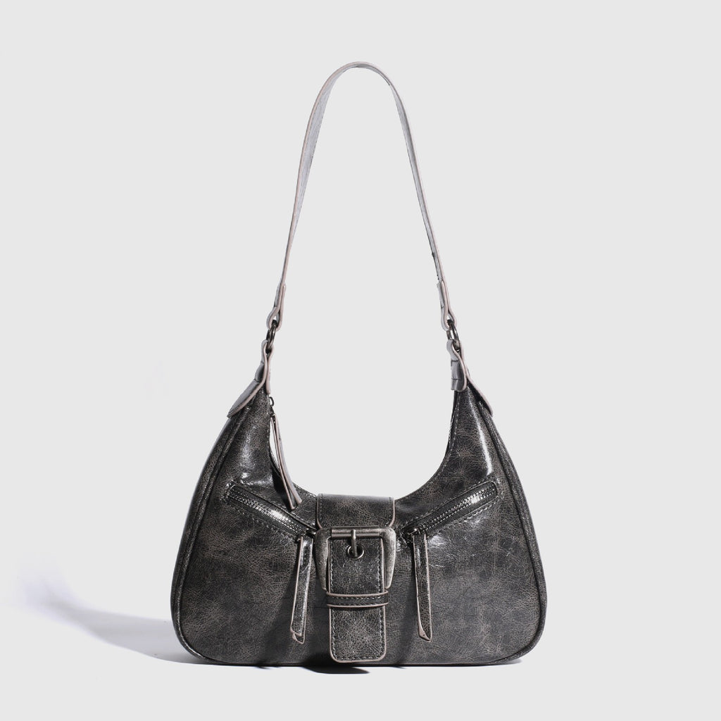 Distressed Faux Leather Crescent Shoulder Bag - Black-Gray