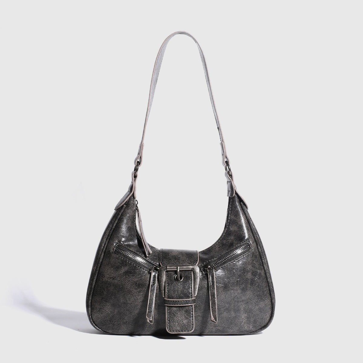 Distressed Faux Leather Crescent Shoulder Bag - Black-Gray