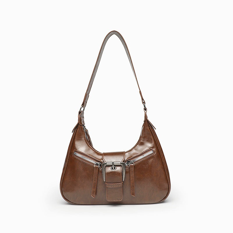 Distressed Faux Leather Crescent Shoulder Bag - Brown