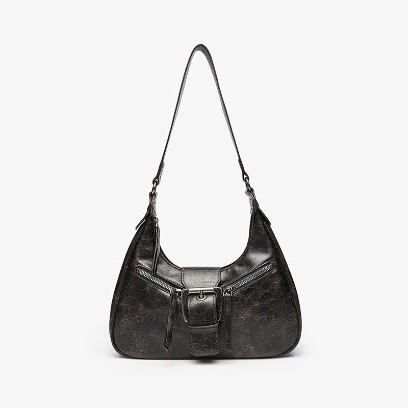 Distressed Faux Leather Crescent Shoulder Bag - Coffee