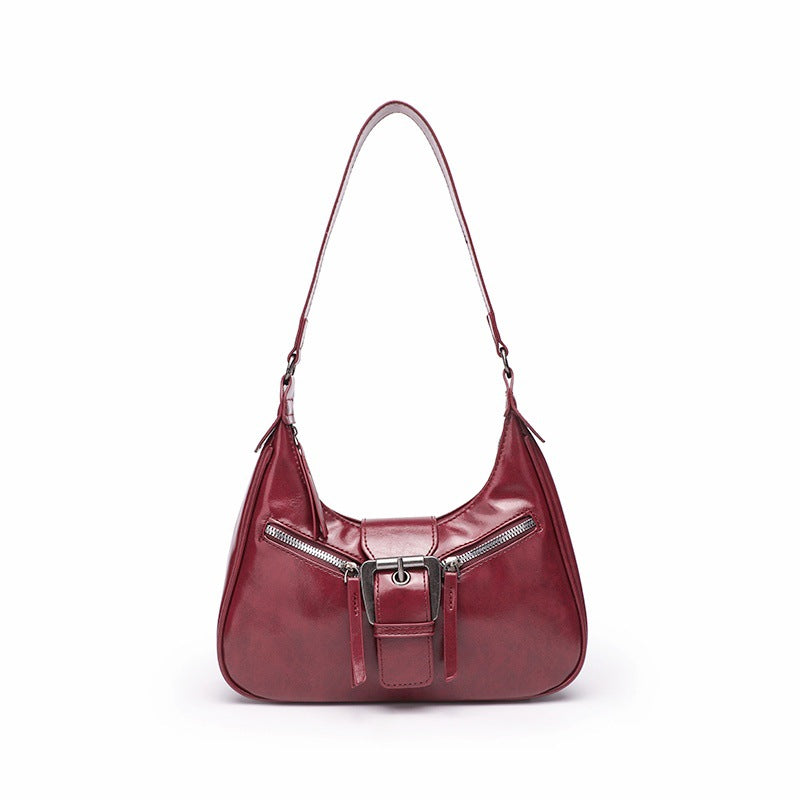 Distressed Faux Leather Crescent Shoulder Bag - Wine-Red