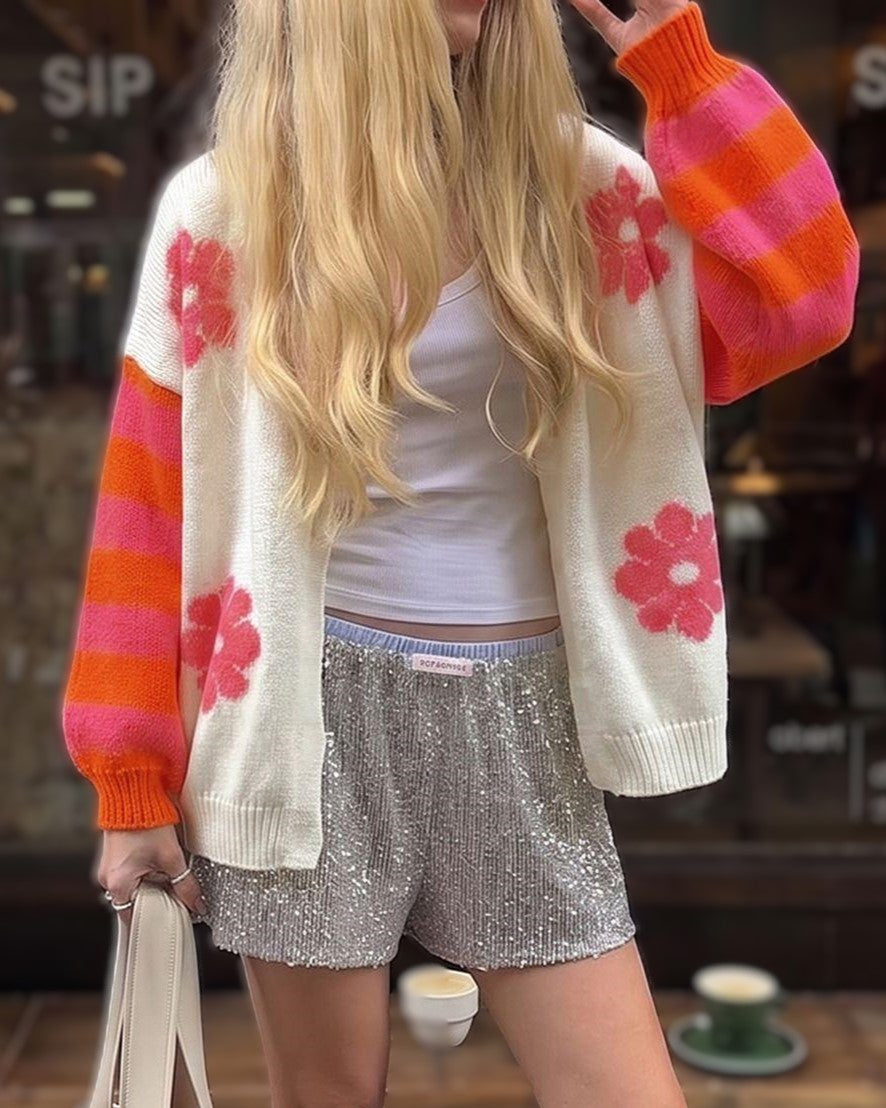 Oversized Daisy Cardigan With Striped Sleeves - Floral