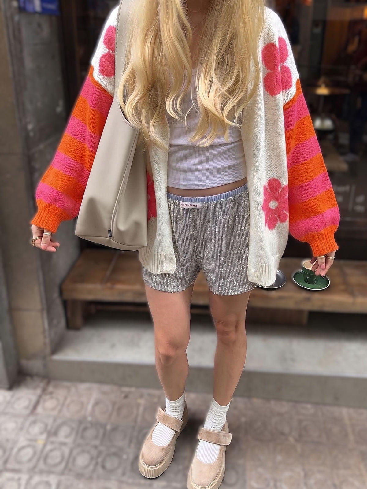 Oversized Daisy Cardigan With Striped Sleeves - Floral - 3