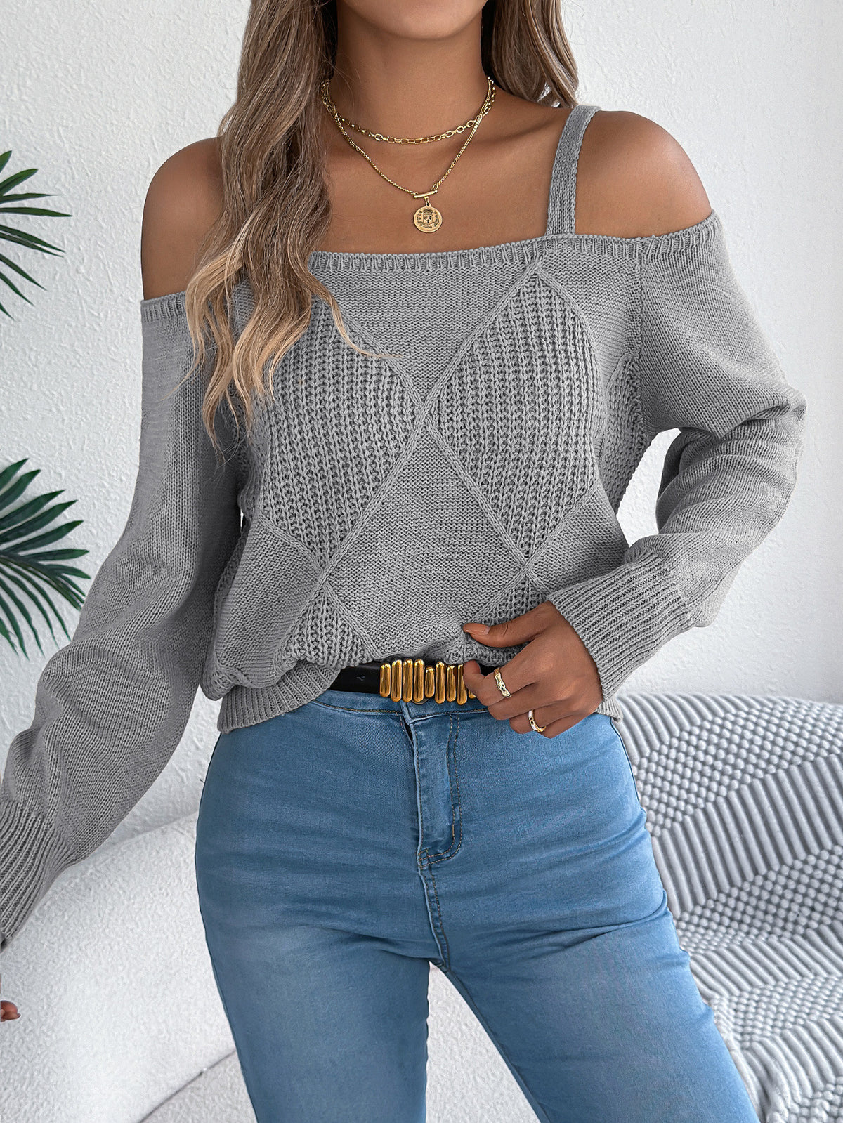 Off Shoulder Strappy Textured Knit Sweater - Grey