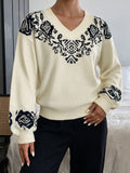 Floral Yoke Pullover Sweater With Balloon Sleeves - Apricot