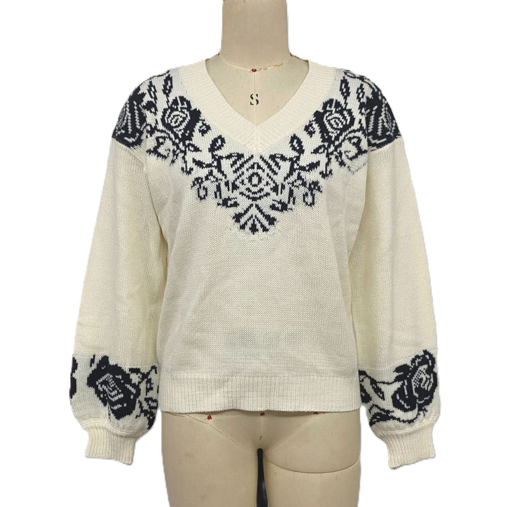 Floral Yoke Pullover Sweater With Balloon Sleeves - Apricot - 1