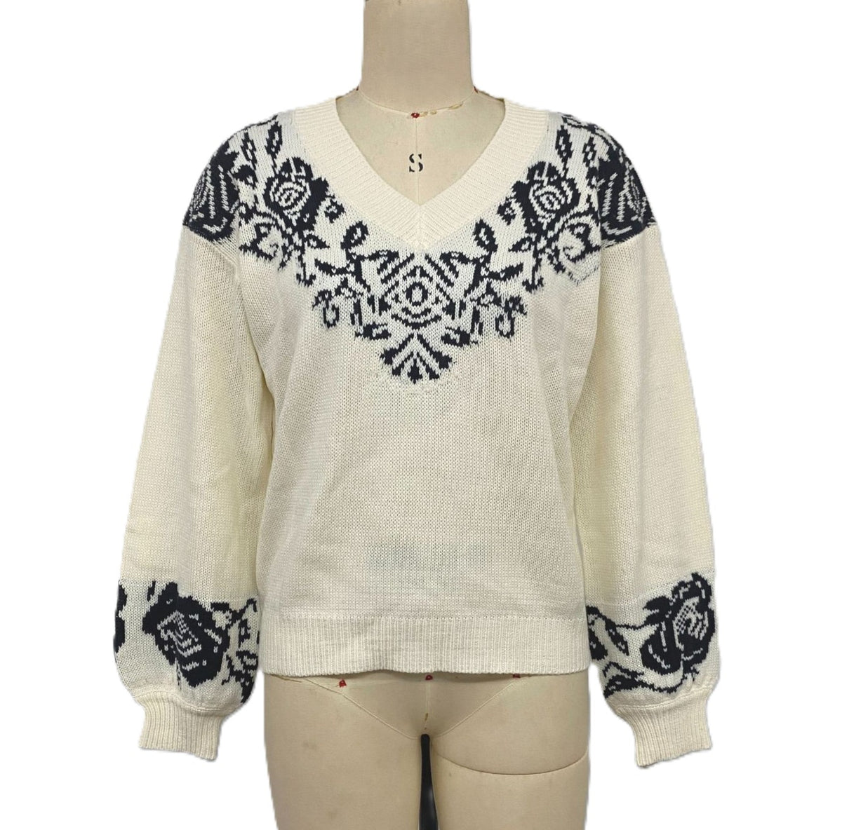 Floral Yoke Pullover Sweater With Balloon Sleeves - Apricot - 1