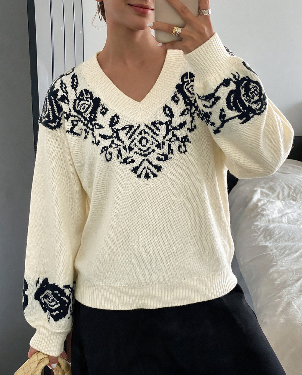 Floral Yoke Pullover Sweater With Balloon Sleeves - Apricot - 3