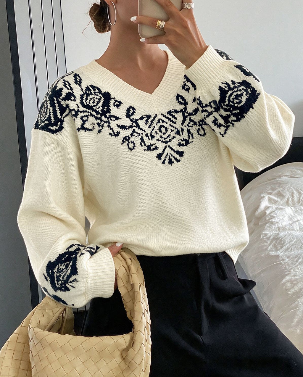 Floral Yoke Pullover Sweater With Balloon Sleeves - Apricot - 4