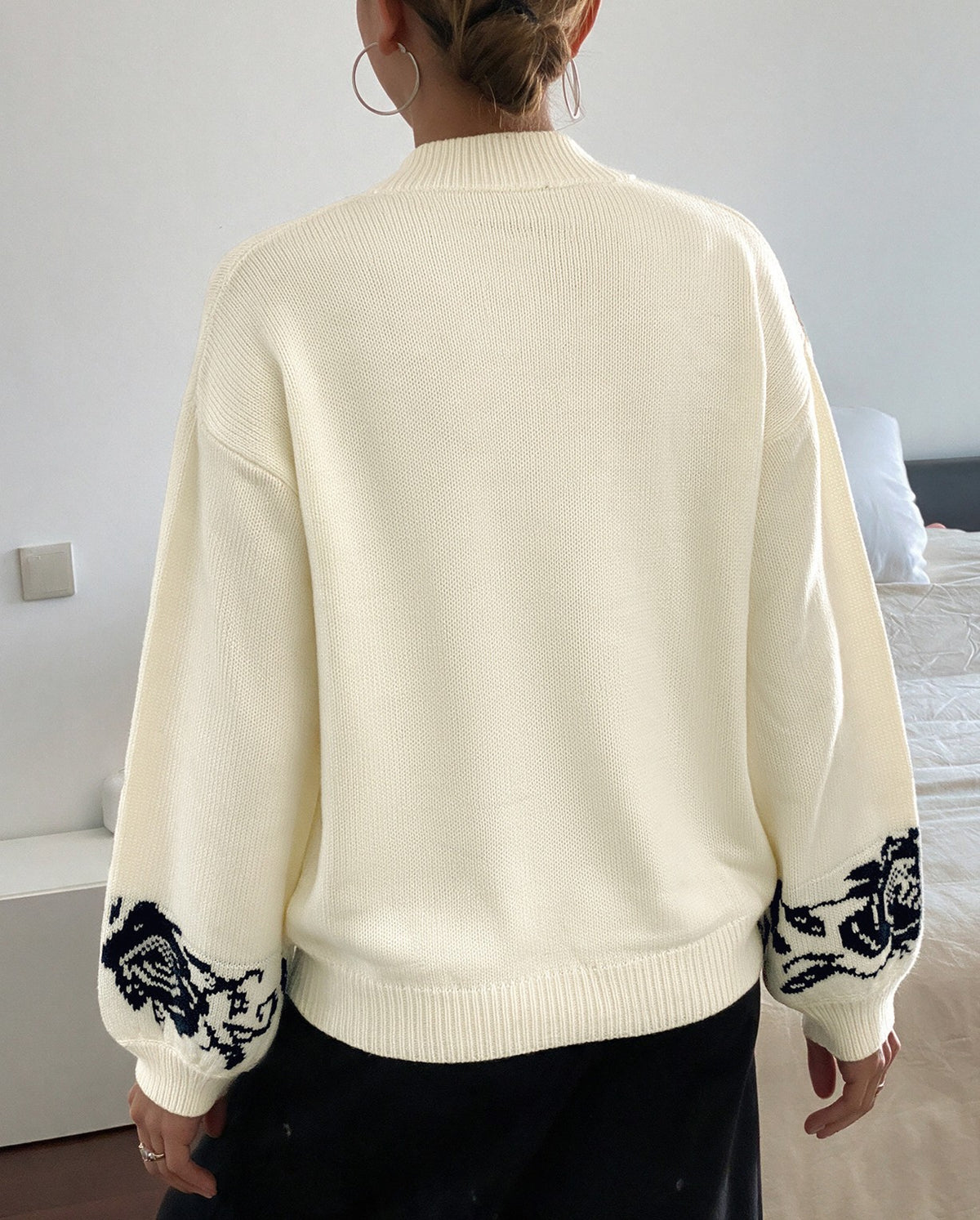 Floral Yoke Pullover Sweater With Balloon Sleeves - Apricot - 5