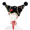 Velvet Jester Beanie with Star Appliques and Pom Poms - Black