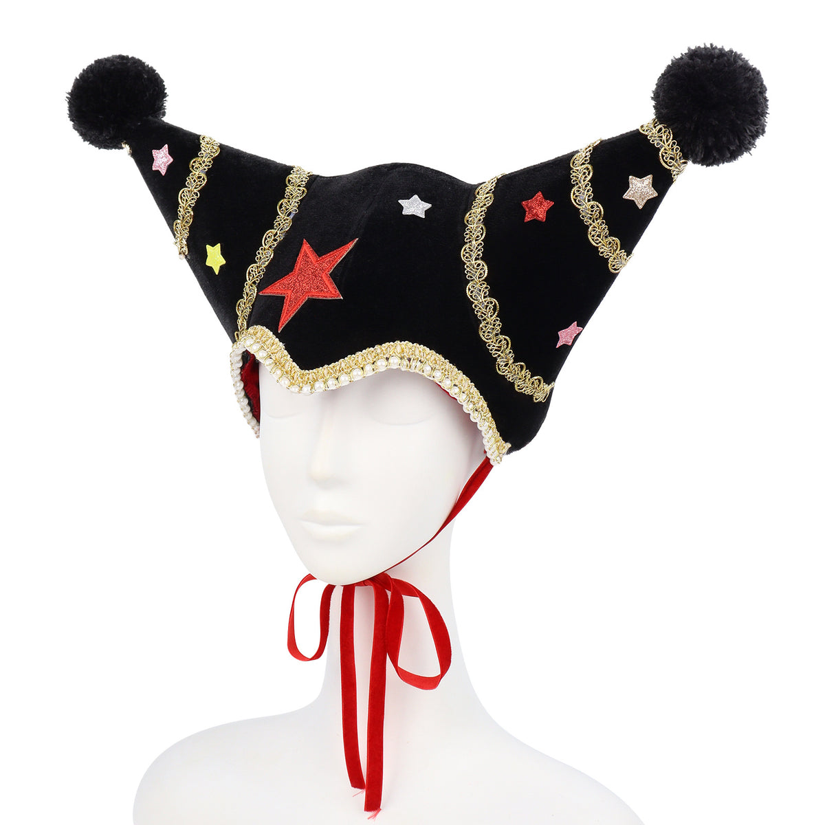 Velvet Jester Beanie with Star Appliques and Pom Poms - Black