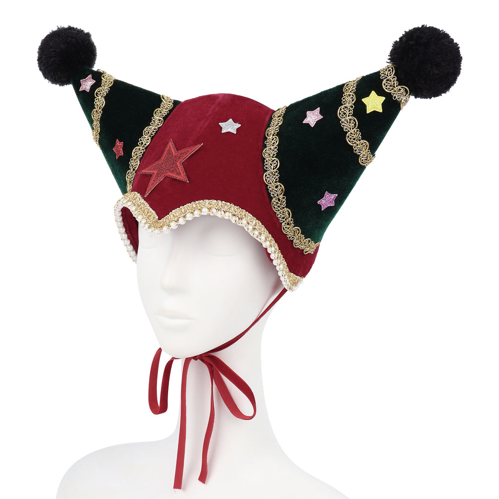 Velvet Jester Beanie with Star Appliques and Pom Poms - GRed