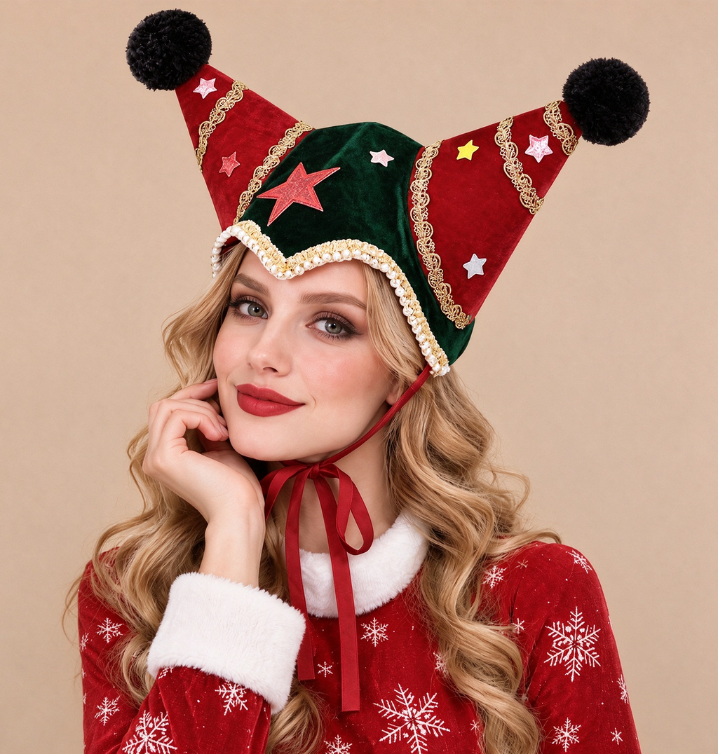 Velvet Jester Beanie with Star Appliques and Pom Poms - Green