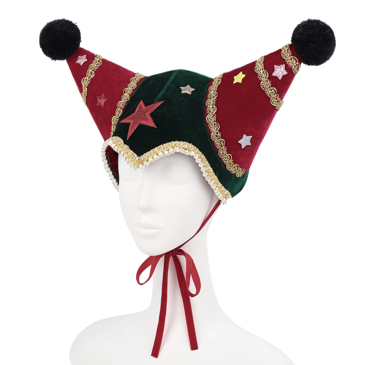 Velvet Jester Beanie with Star Appliques and Pom Poms - Green - 1