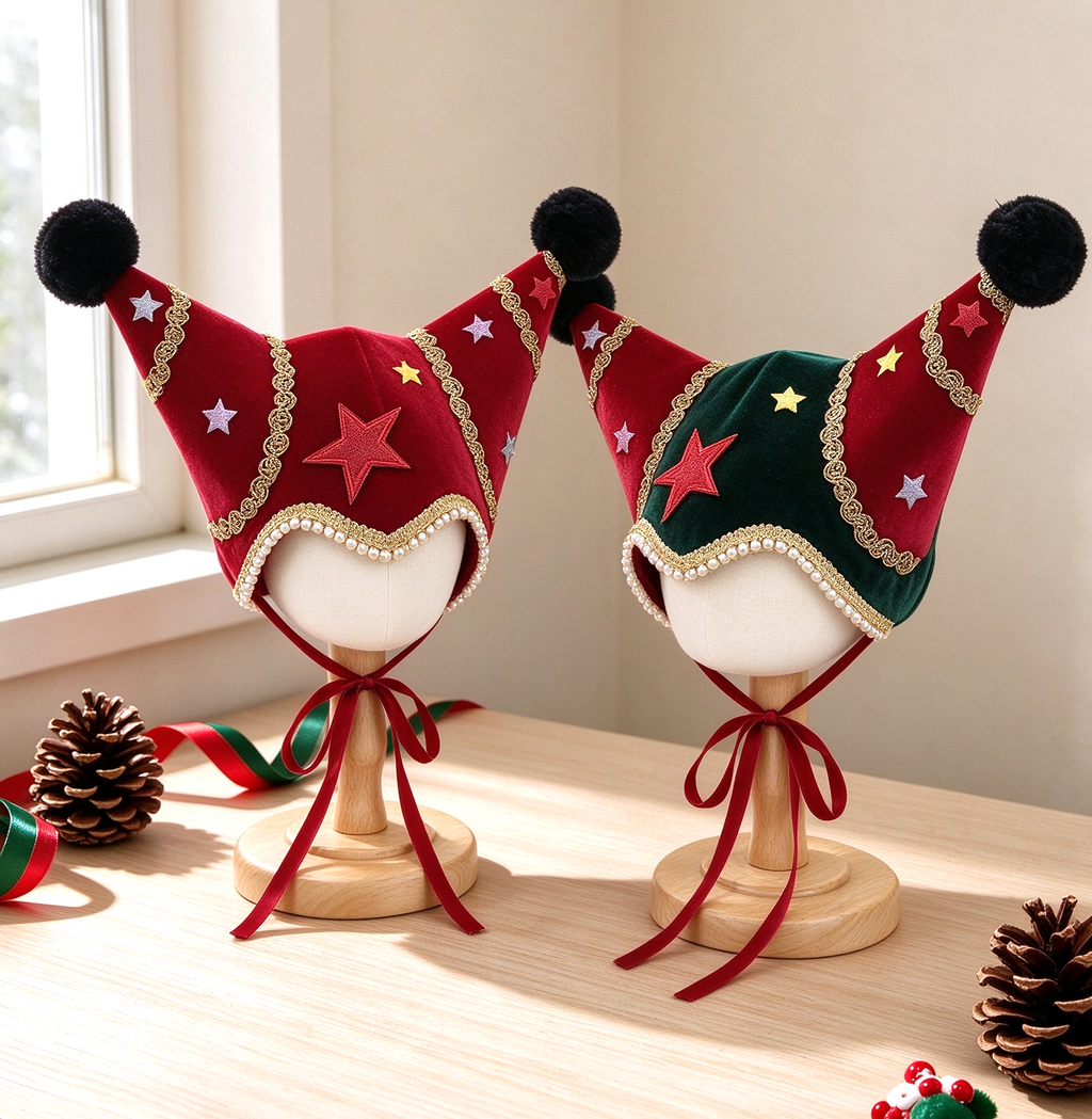 Velvet Jester Beanie with Star Appliques and Pom Poms - Green - 4