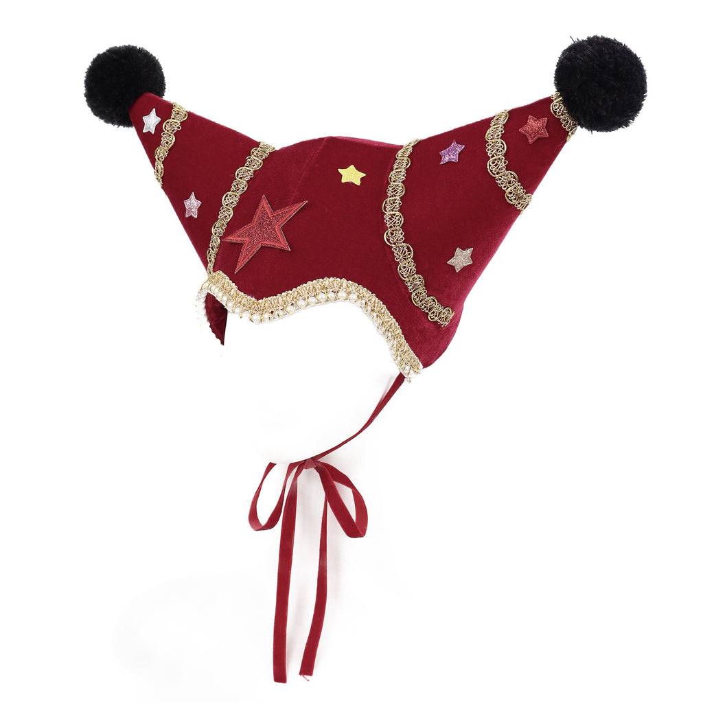 Velvet Jester Beanie with Star Appliques and Pom Poms - Red