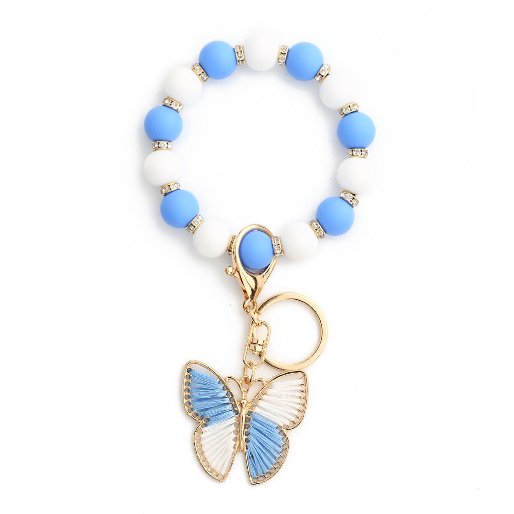 Butterfly Charm Beaded Wristlet Keychain - Blue