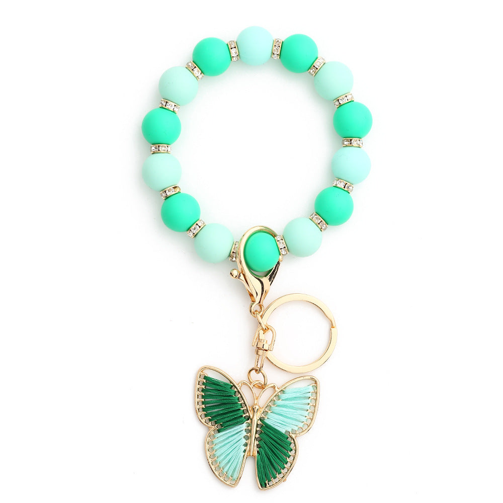 Butterfly Charm Beaded Wristlet Keychain - Green
